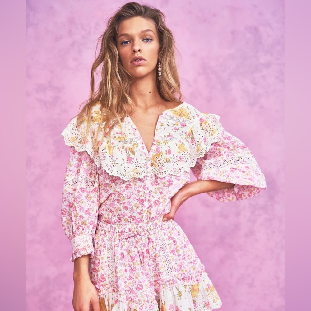LoveShackFancy Rare Canna Lemonade Stand Floral Ruffle Eyelet Blouse
